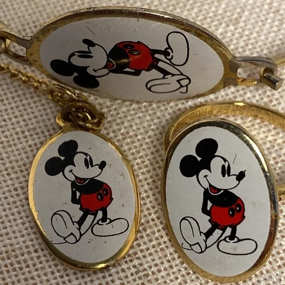 Vintage Disney Mickey Mouse Jewelry Set Gold 1970s ring bracelet necklace 70s - Picture 2 of 16